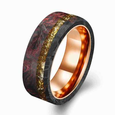 Dobra cena. Nowy przyjście 8mm szeroki kształtowy pierścień z włókna węglowego14K różowy złoty pierścień z czerwoną folią i płaskimi krawędziami w Internecie