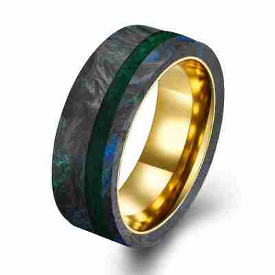 Buen precio Nueva llegada 8 mm anillo de fibra de carbono forjado a medida 14K anillo de oro rosa con papel verde y azul y borde plano verde en línea