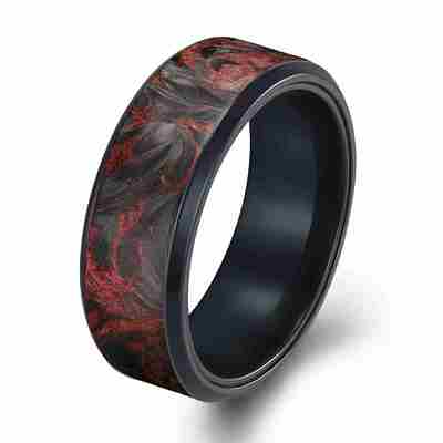 Harga yang bagus Titanium dan Fiber Carbon Wedding Flat Band Dengan tepi Beveled Cincin Pria dengan Foil Merah on line