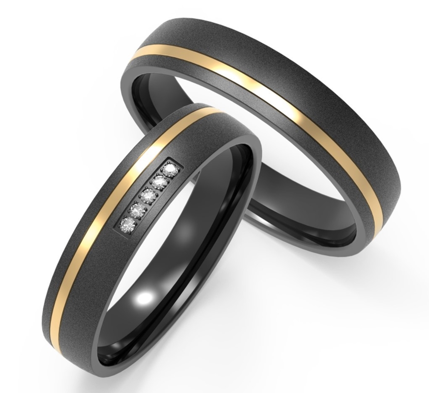 Polished Finish Couple Black Zirconium Ring IP Gold With Cubic Zirconia Two Tones