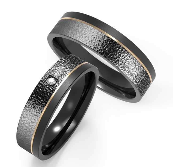 Premium bark pattern with matte stainless steel IP gold set zircon couple ring
