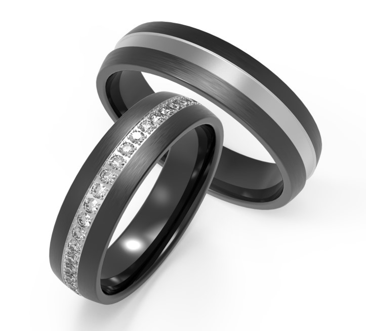 Simple And Generous Black Titanium Ring With IP Silver Inlaid Zircon Couple Ring