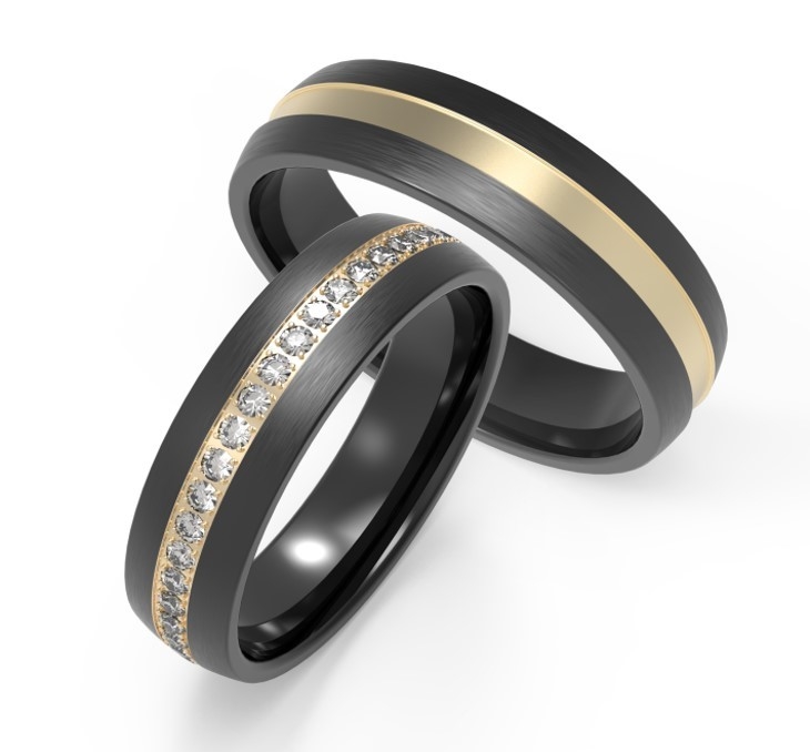 Black titanium and K gold rings set with zircon  rings