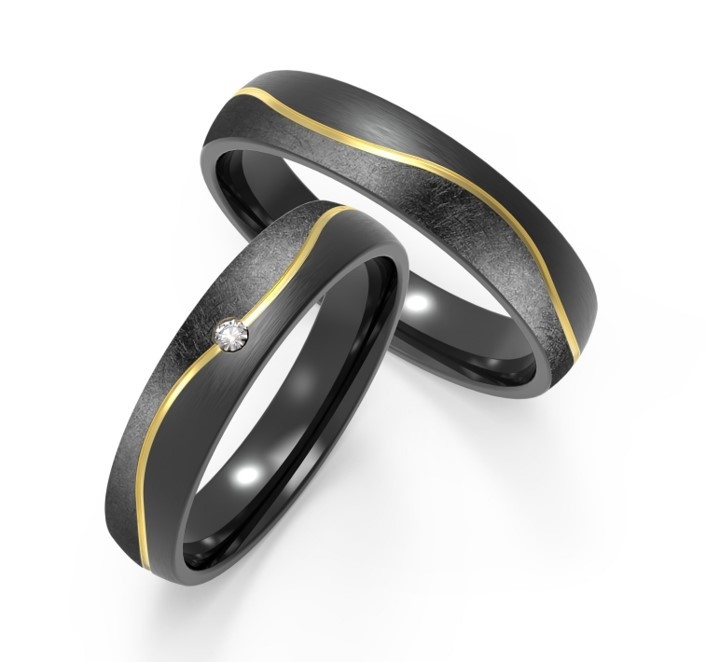 Trend Round Black Titanium Ring With IP Gold Line Inset Zircon Couples Ring