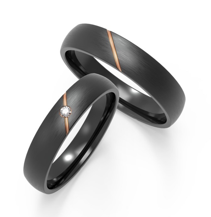 Matte Black Titanium Fashion Men Jewelry With Diagonal Rose Gold Inset Zircon Design