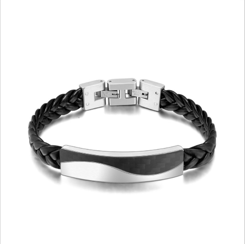 Mens Thin Leather Stainless Steel Bracelet Magnetic Buckle Customizable Engraved LOGO