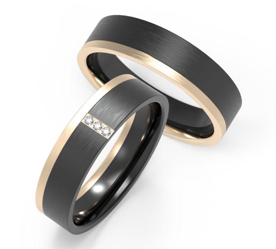 Classic K Gold Black Titanium Couple Ring Set With Zircon Rings