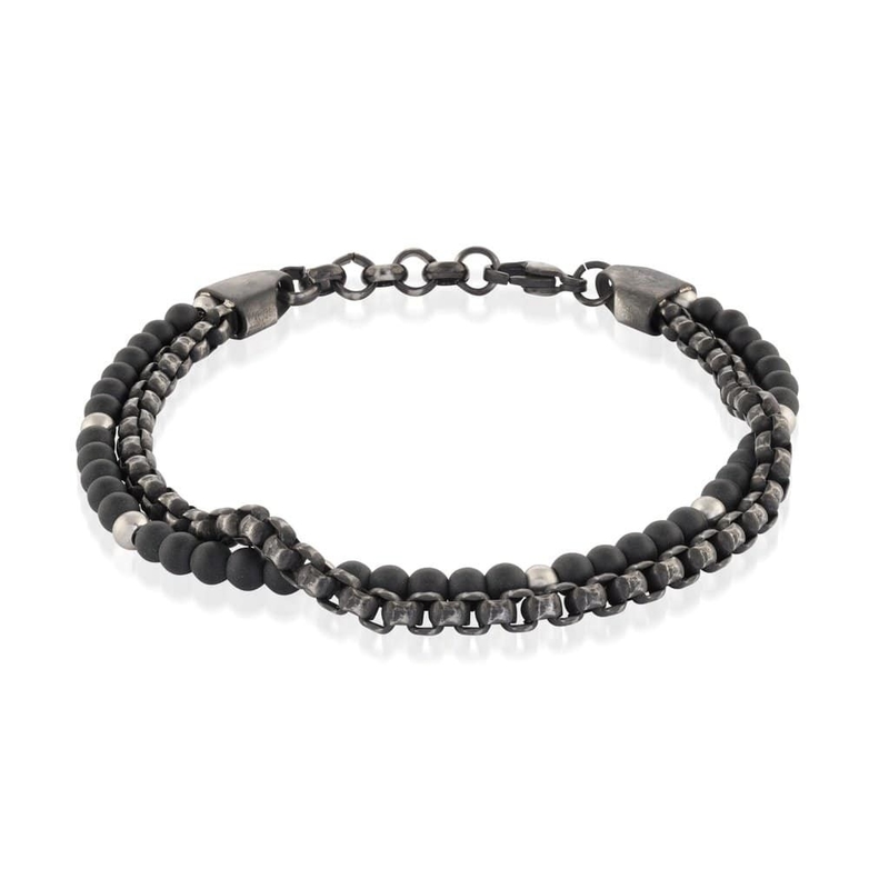 7.5 Inch Stainless Steel Bangle Classic Men's Black Leather Bracelet