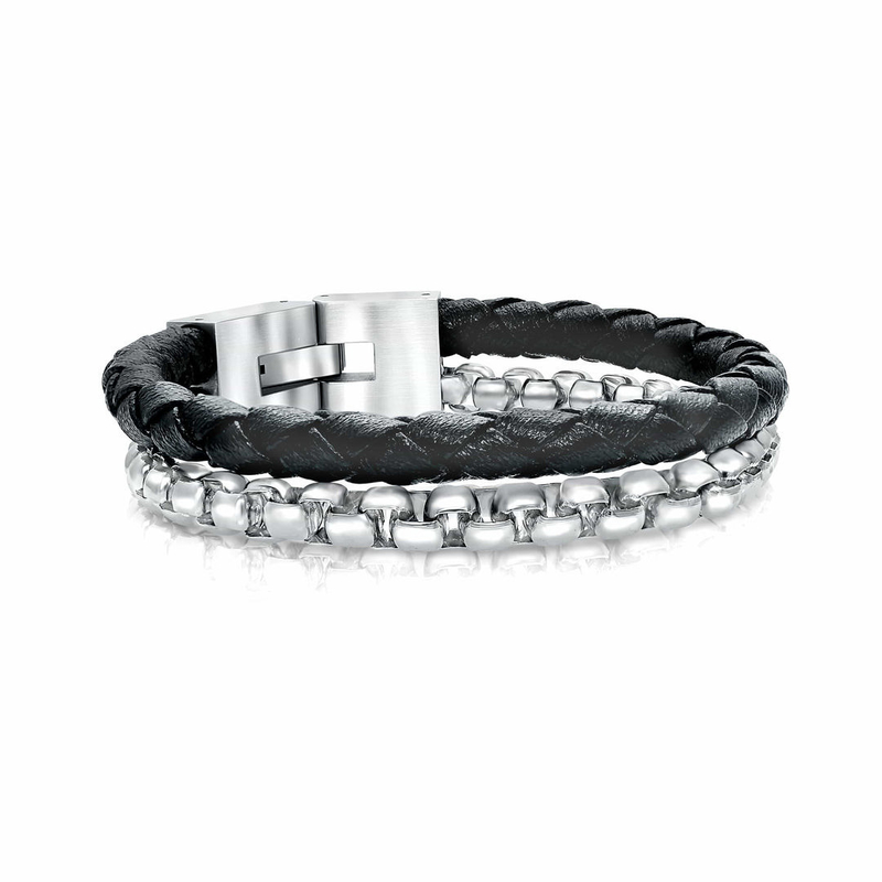 Stainless Steel Men's Black Leather Rope Bracelet Diy Leather Charm Bracelet Custom