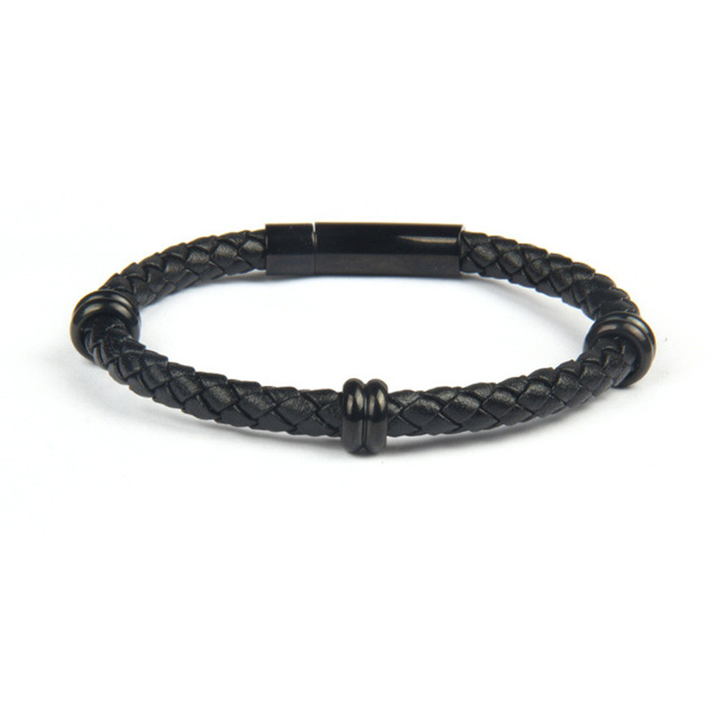Stainless Steel Men's Charm Bracelet Black Plating Braided Leather Wrap