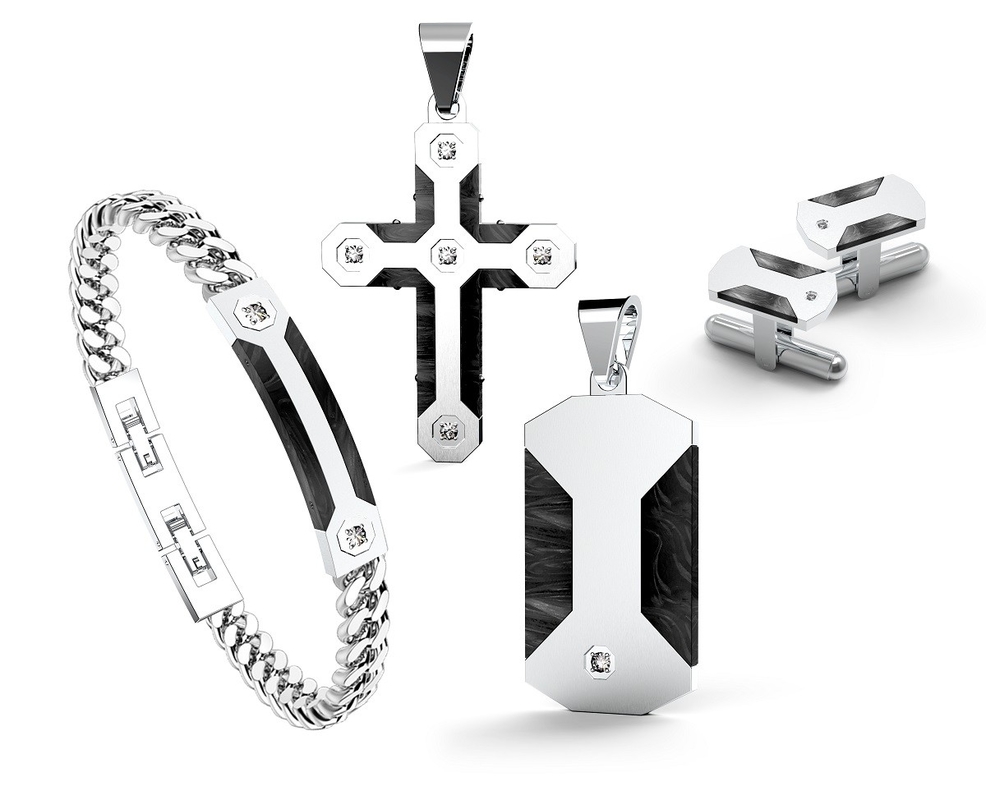 Man Stainless Steel Jewelry Set Pave Zircon Black Onyx Earrings Bracelet Necklace Set