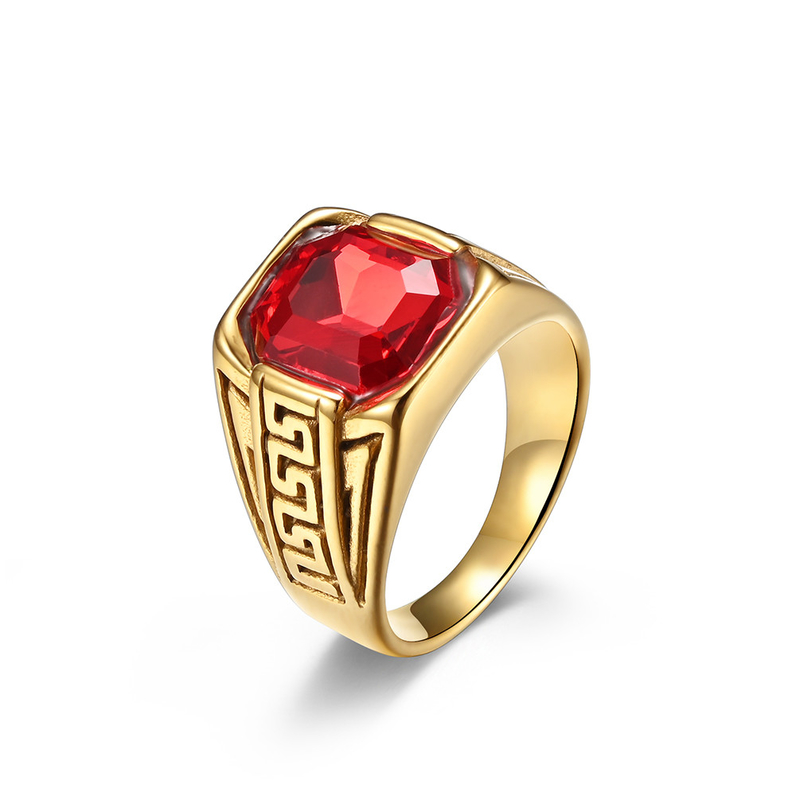 316 316L Stainless Steel Gold Plated Ring Jewelry For Men With Ruby Crystal Stone