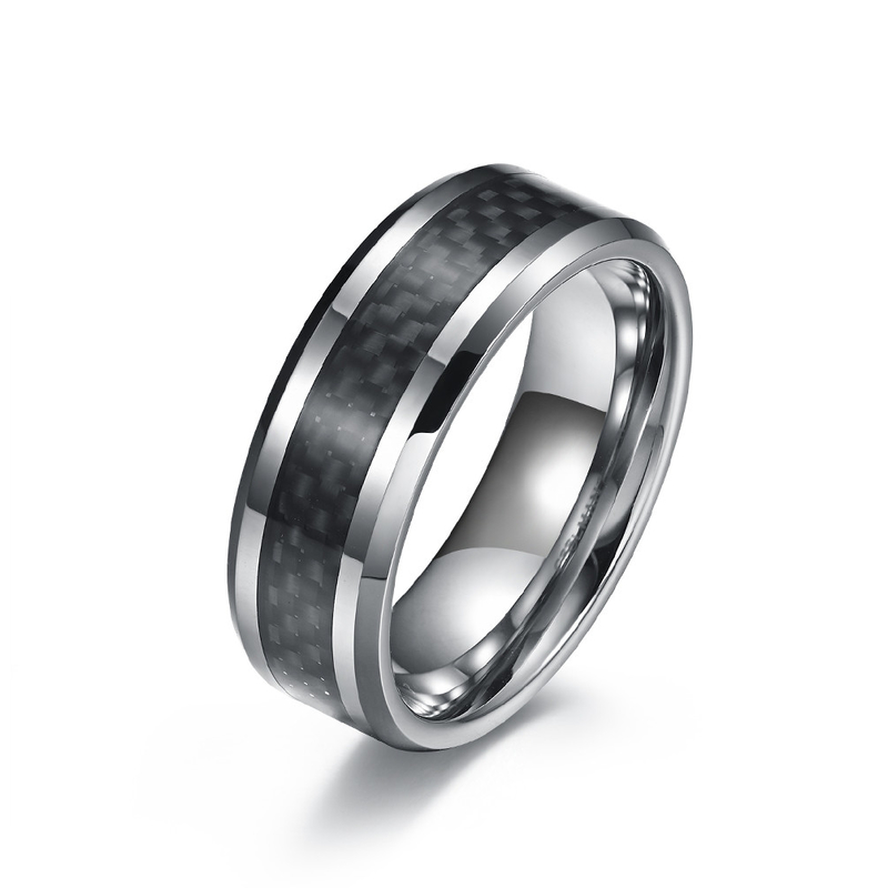 Round Rotatable Polish Black Silver Simple Men Rings Stainless Steel And Carbon Fiber Rings