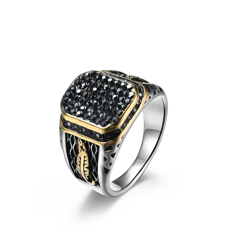 Black 18k Gold Plated Mens Ring Jewelry Gemstone Stainless Steel Men Rings Custom