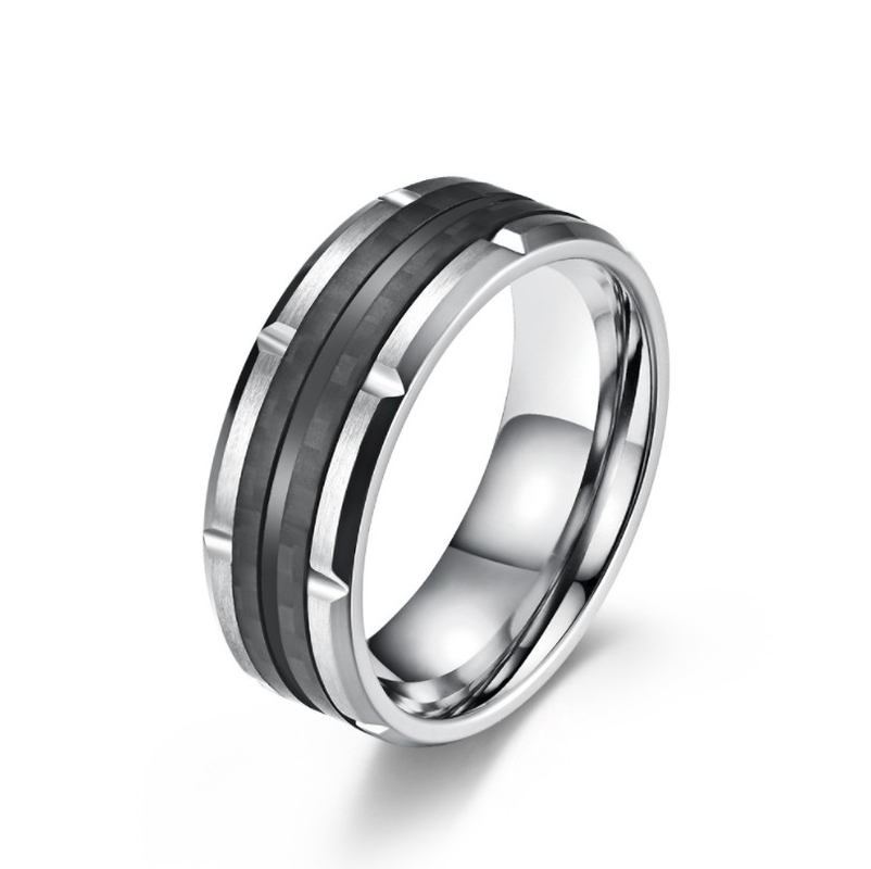 High Polishing Mens Stainless Steel Fashion Rings Epoxy Jewelry Carbon Fiber Inlay Rings