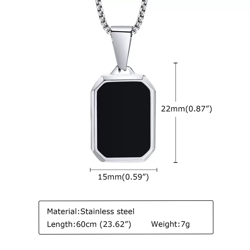 Rectangular Stainless Steel Men's Pendant with Inlaid Enamel Polished Finish 60cm Length