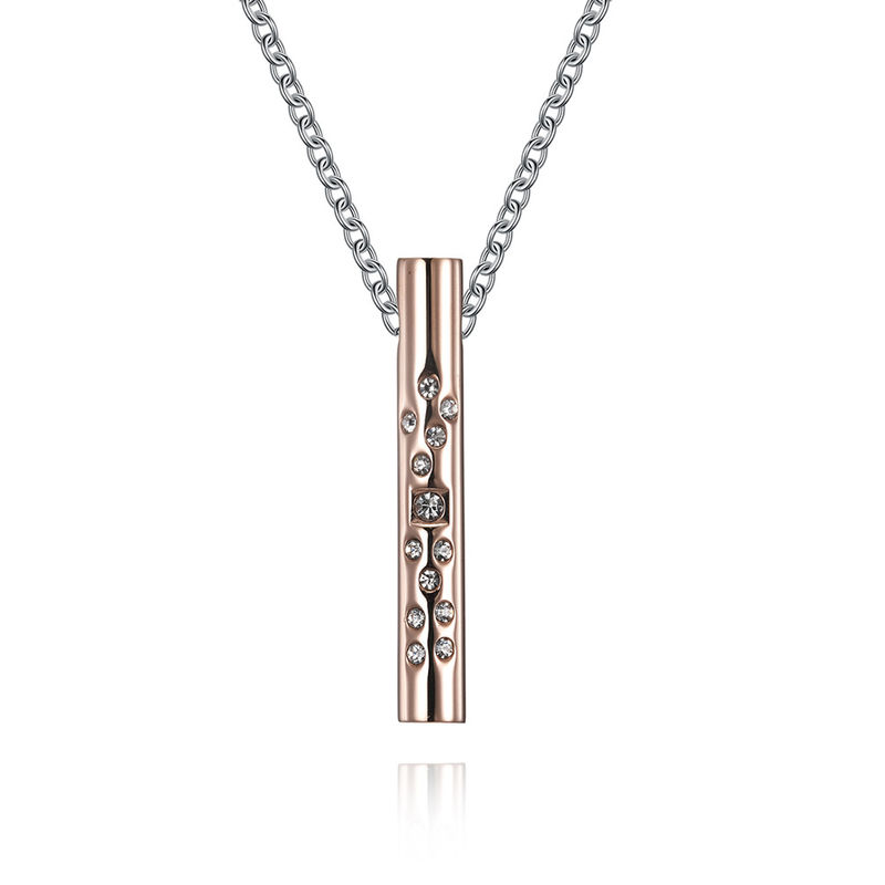 Stainless Steel Link Chain Bar Shape Necklace with Diamond Christian Pendant Rose Gold Plated