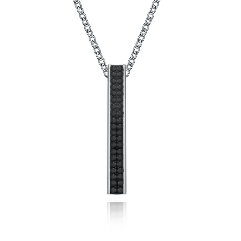 Black Stainless Steel and Carbon Fiber Bar Necklace Diamond Christian Religious Pendant