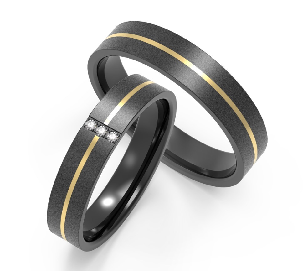 Black Titanium And Zirconium Couple Ring Sets With Cubic Zirconia Two Tones IP Gold