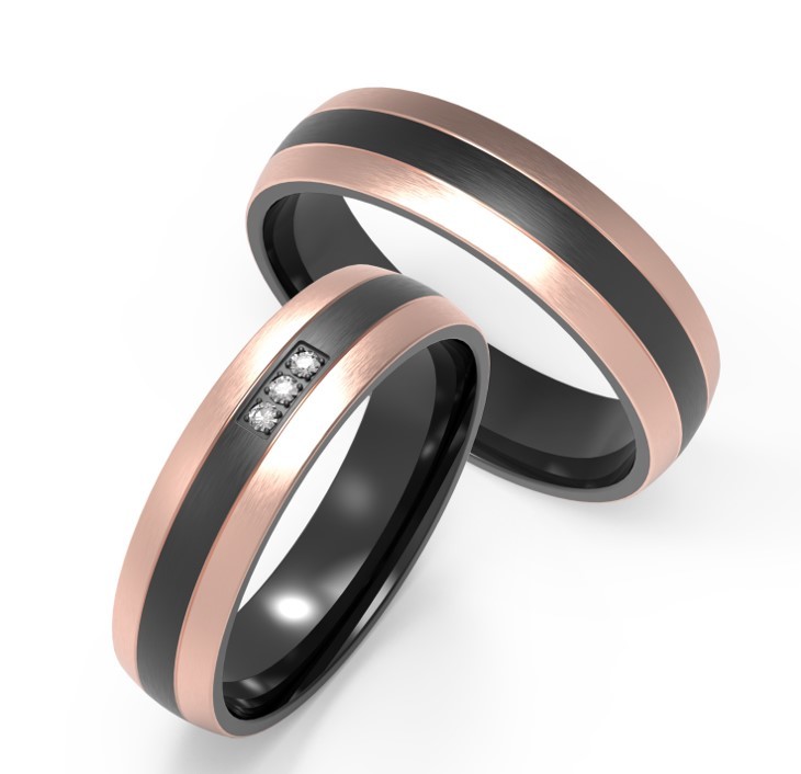 Decorative Black Titanium Wedding Band Rose Gold Double Line Set Zircon Ring