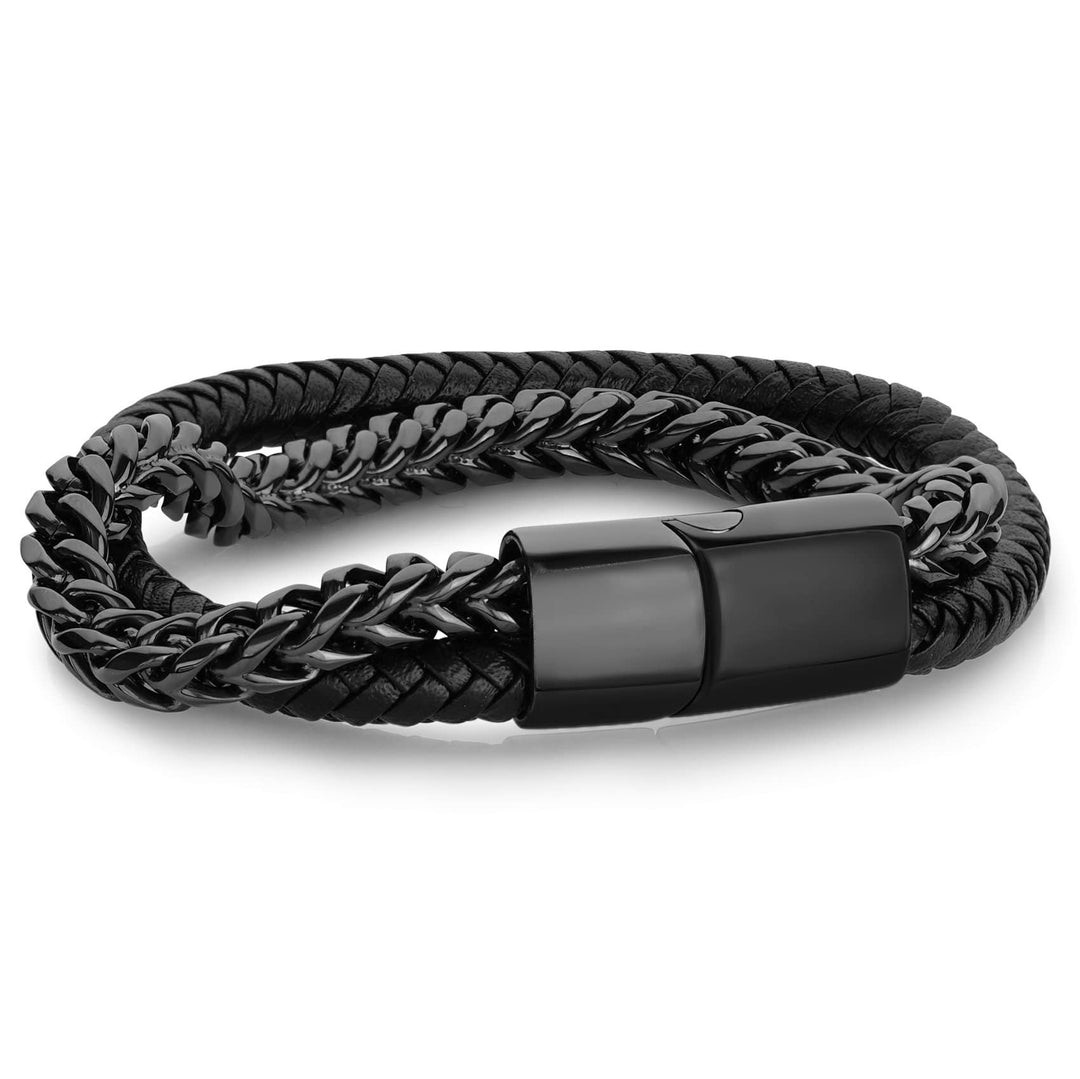 Mens 316L Stainless Steel Chain Bracelet Woven Rope PU Leather Cord Wrap Bracelet