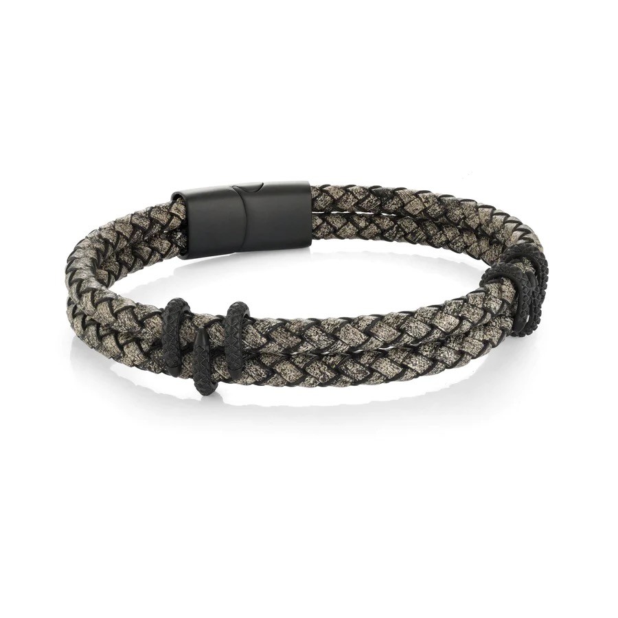 Classic Men's PU Leather Bracelet Alloy Silver Black Plated Woven Braided Wrap Bracelets