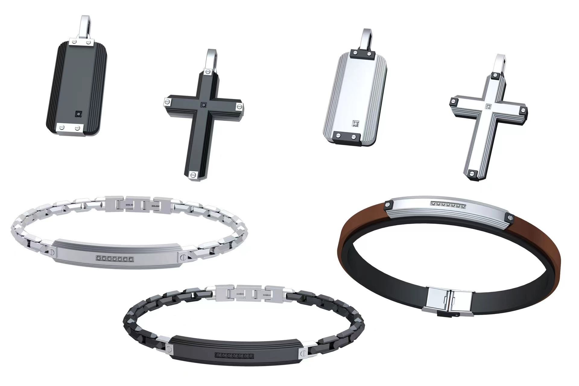 Punk Stainless Steel Cross Jewelry Set Gold Silver Black Hip Hop Mens Cuban Chain Bracelet