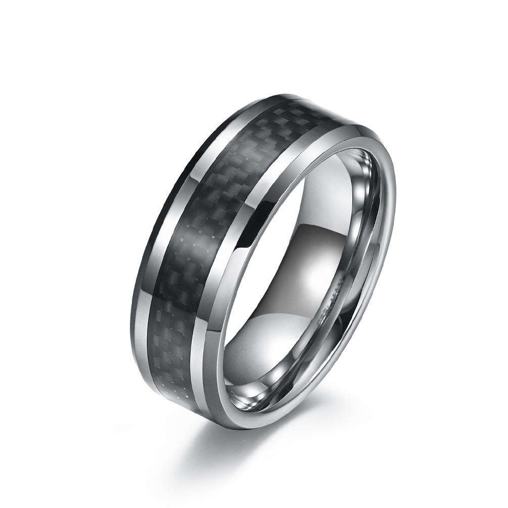Round Rotatable Polish Black Silver Simple Men Rings Stainless Steel And Carbon Fiber Rings