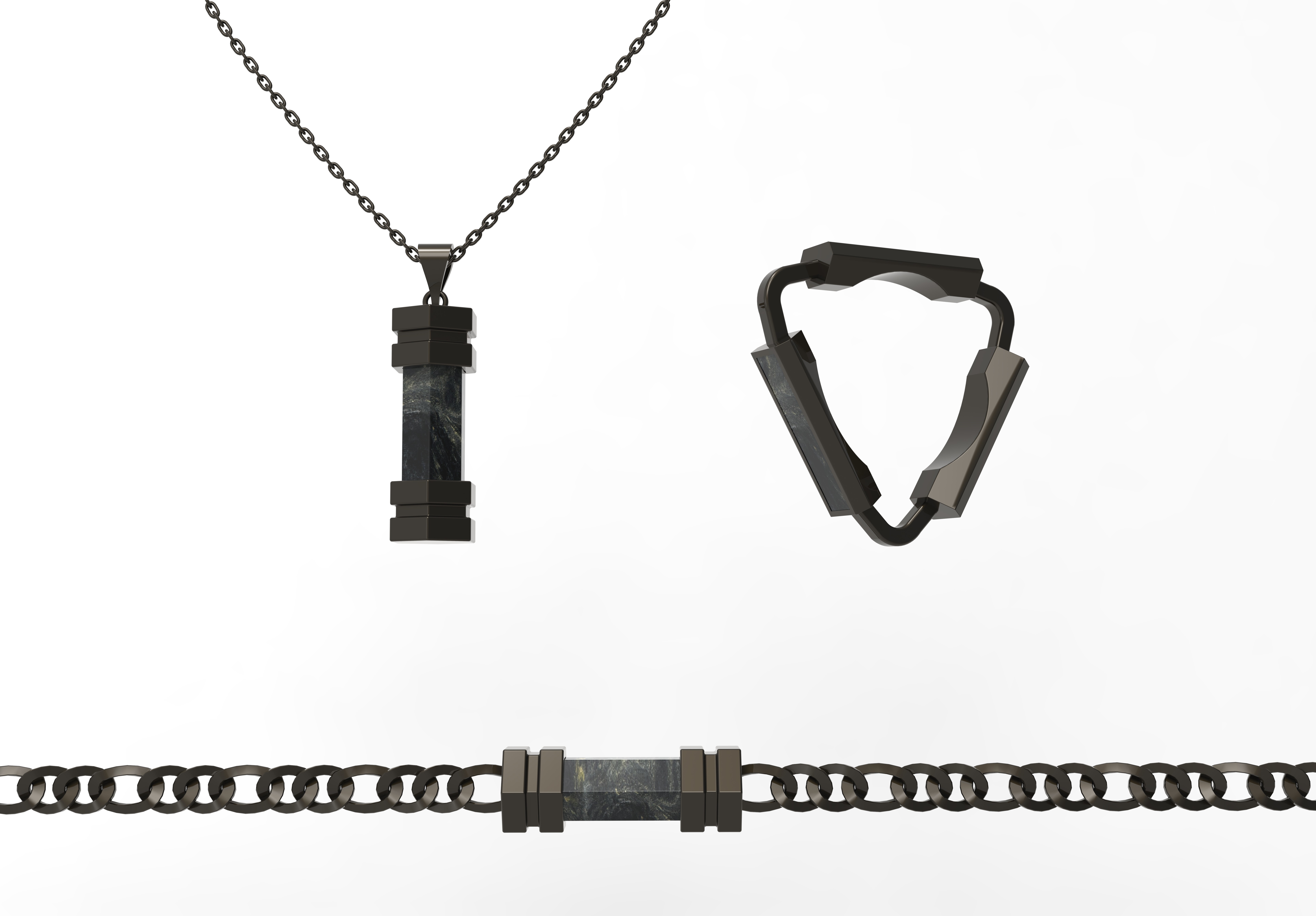 Men's Triangle Ring And Pendants Set Chain Carbon Fiber Jewelry With Mould Making Service