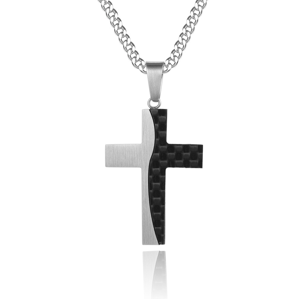 Stainless Steel Cross Pendant Necklace for Men Christian Cross Pendant With Carbon Fiber Inlay Chain Cross Necklace