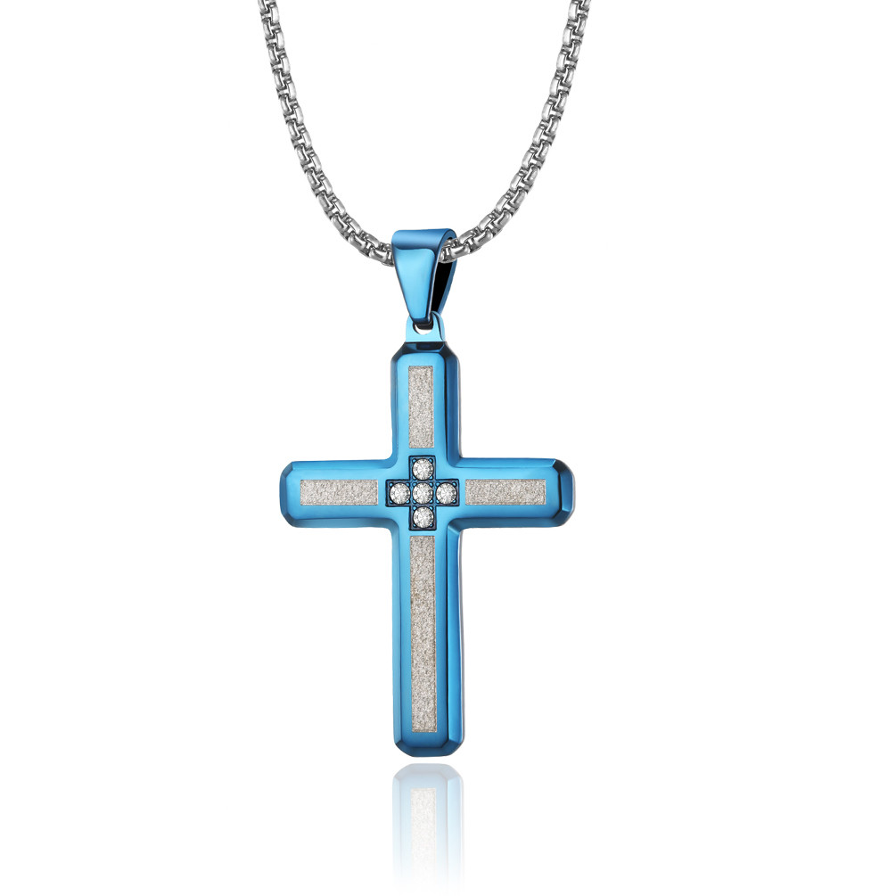 Stainless Steel Link Chain Necklace for Men Fashion Cross Pendant Blue Gold and Titanium Prayer Choker