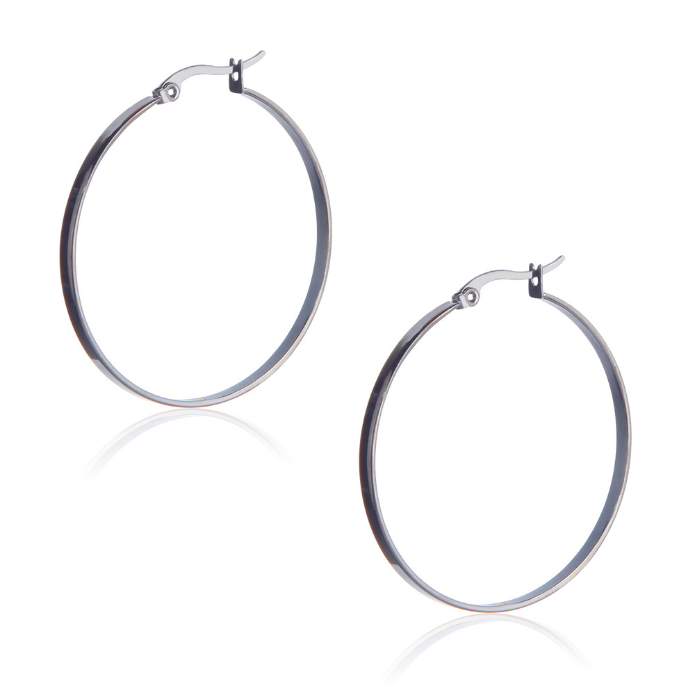 Personal Round Sterling Silver Hoop Earrings with Smooth Surface and Large Size