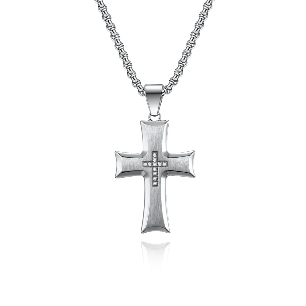 Simple Style Satin Stainless Steel Cross Pendant Necklace with Cross Shape Diamond Metal Prayer Choker for Men