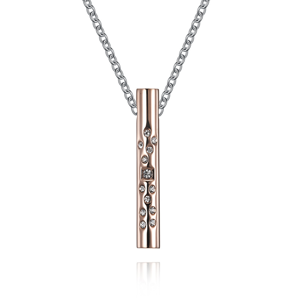 Stainless Steel Link Chain Bar Shape Necklace with Diamond Christian Pendant Rose Gold Plated