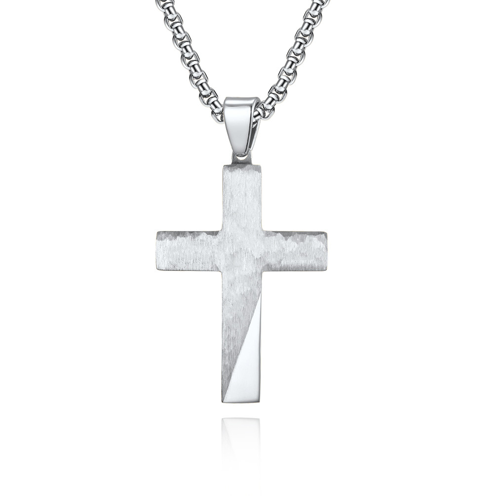 Stainless Steel Cross Necklace for Men Satin and Polished Christian Jewelry