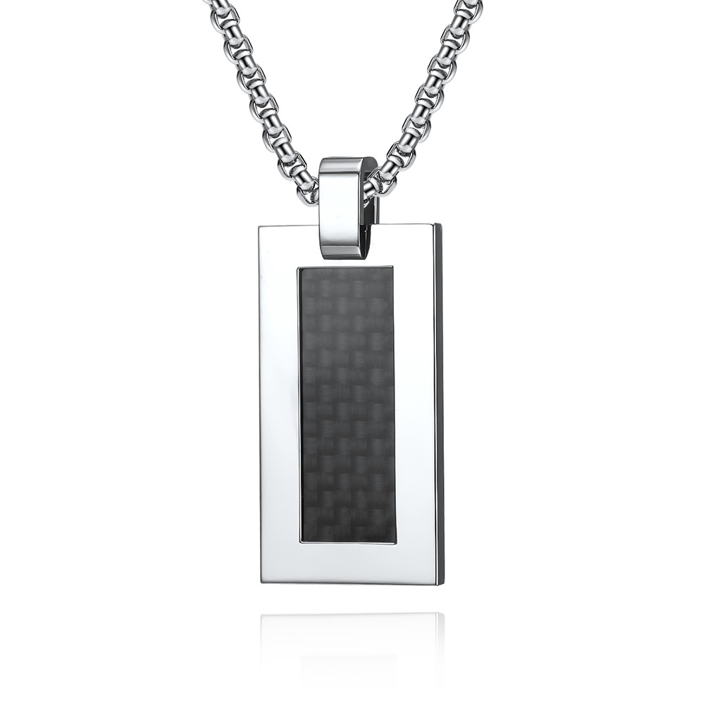 Stainless Steel and Carbon Fiber Square Religious Cross Pendant Necklace for Men , Stainless Steel Christian Jewelry