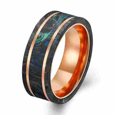 Harga yang bagus New Arrival cincin serat karbon hitam tempa dengan campuran foil hijau dan biru Plated Rose Gold Ring on line