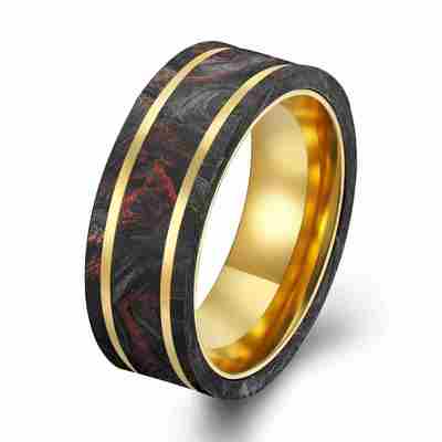 Guter Preis Neuer Ankunft Schwarzer geschmiedeter Kohlenstofffaserring mit gemischten roten Folien überzogenem 14K Gelbgoldring Online