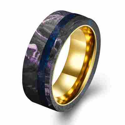 Goede prijs. Nieuwe aankomst 8mm breed Custom gesmeed koolstofvezel Ring14K Roosgoud Ring met groene en paarse folie en blauwe platte rand online