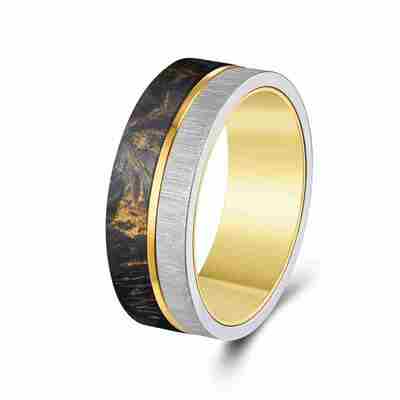 Buen precio Alianza de boda de fibra de carbono forjada chapada en oro con patrones veteados únicos y opciones personalizables en línea